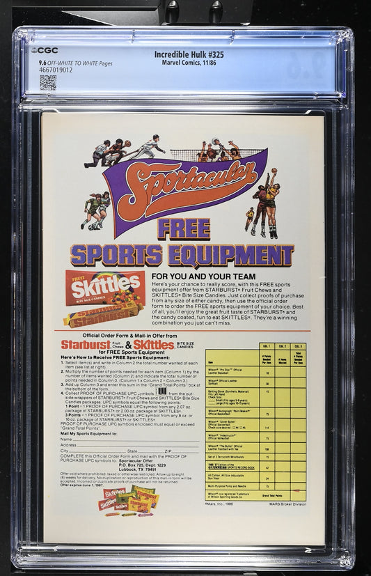 Incredible Hulk #325 (1986) CGC 9.6 White! 25th Anniversary Cover! Milgrom Art!