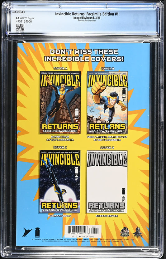Invincible Returns: Facsimile Edition #1 CGC 9.8 Fanyang Variant Cover 03/26