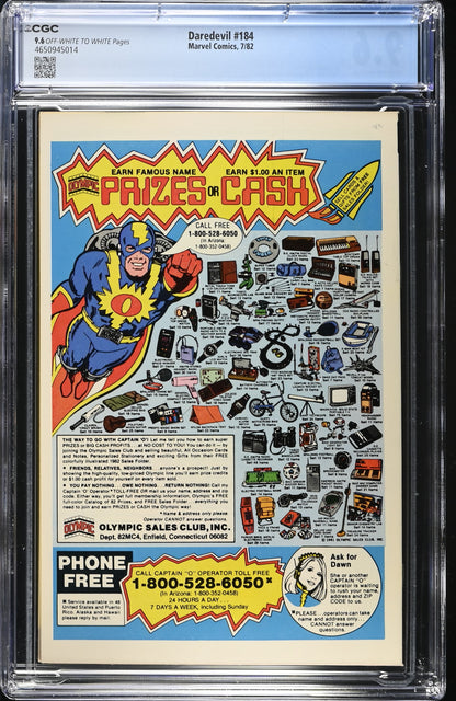 Daredevil #184 CGC 9.6 White Pages Frank Miller Art! Punisher Appearance!